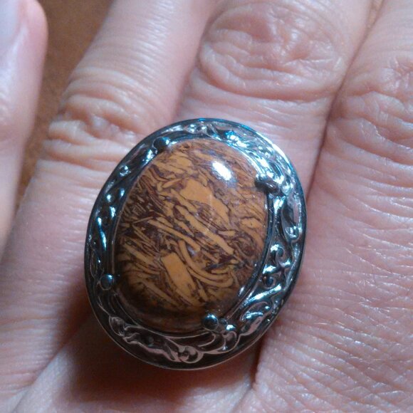 Script Stone Jasper Solitaire Stainless Steel Ring (Size 9) - Picture 2 of 13